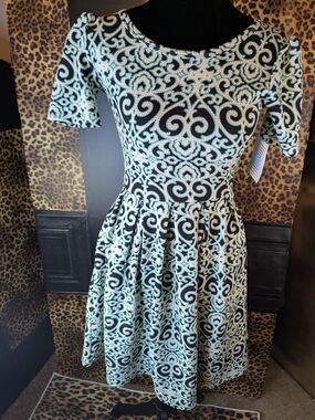 LuLaRoe Black and Turquoise Swirl Fit-and-Flare Midi Dress XXS NWT